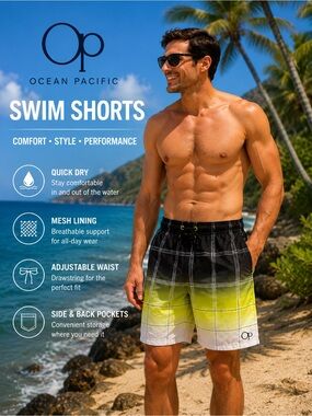 OP Men’s Black, Yellow & White Gradient Swim Shorts